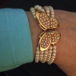 Elegant Gold Butterfly Pearl Bracelet By Crown Trifari